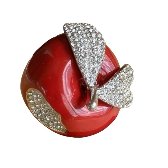 Vintage Y2k Womens Large Crystal Enamel Red Bitten Apple Ring - Picture 2 of 7